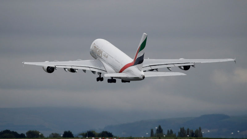 © Reuters. FILE PHOTO: An Emirates Airbus A380-800 aircraft takes off from Manchester Airport in Manchester