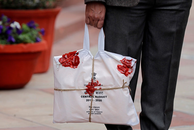 © Reuters. An official holds a sealed bag containing budget papers inside the parliament premises in New Delhi