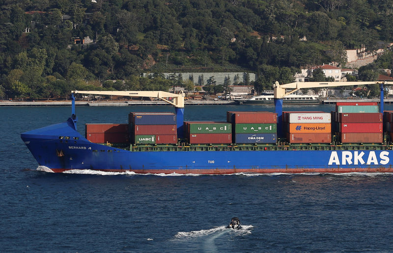 © Reuters. Turkish-flagged container ship Bernard A of Arkas Holding sails in the Bosphorus, on its way to the Black Sea, in Istanbul