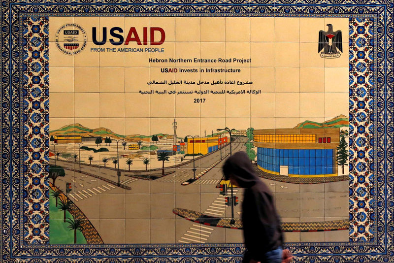 © Reuters. Palestino passa em frente a placa da USAID em Hebron