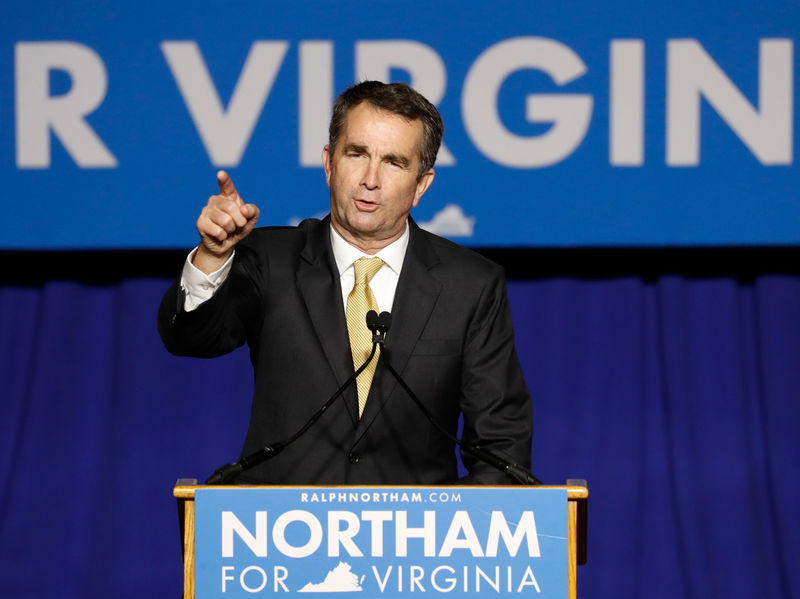 © Reuters. Democratic candidate for governor Northam speaks after his victory in Fairfax
