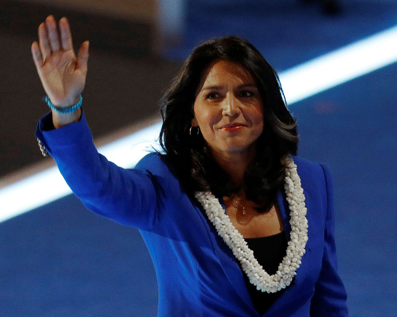 © Reuters. FILE PHOTO: U.S. Representative Gabbard waves after making a nomination speech for Senator Bernie Sanders at the Democratic National Convention in Philedelphia