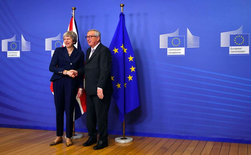 © Reuters. British Prime Minister Theresa May and European Commission President Jean-Claude Juncker shake hands at at EC headquarters before a meeting to discuss draft agreements on Brexit, in Brussels