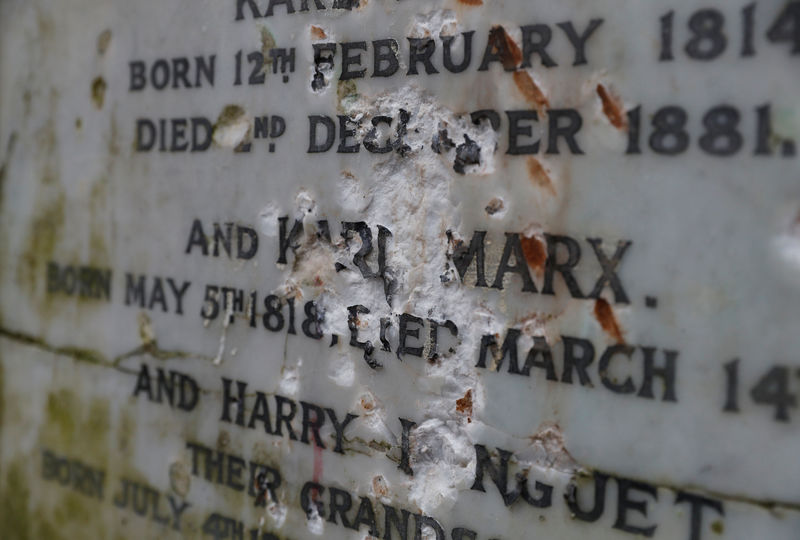 © Reuters. A memorial to German philosopher Karl Marx is seen after it was vandalised at Highgate Cemetery in north London