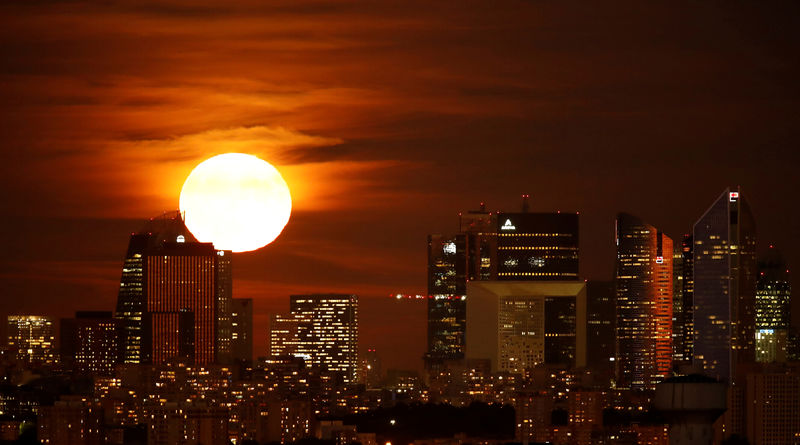 © Reuters. FILE PHOTO: The moon rises over the financial district of La Defense just after sunset near Paris