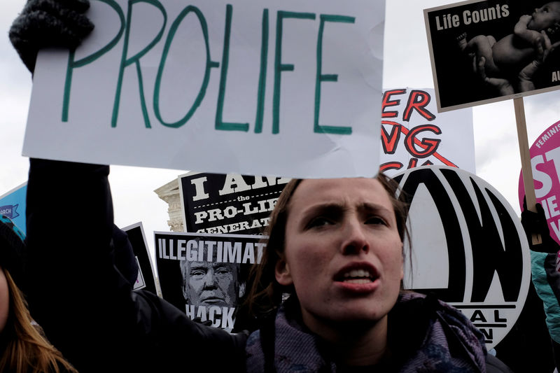 © Reuters. FILE PHOTO: A counter-protester holds an anti-Trump sign behind an anti-abortion demonstrator as the annual March for Life concludes at the U.S. Supreme Court in Washington