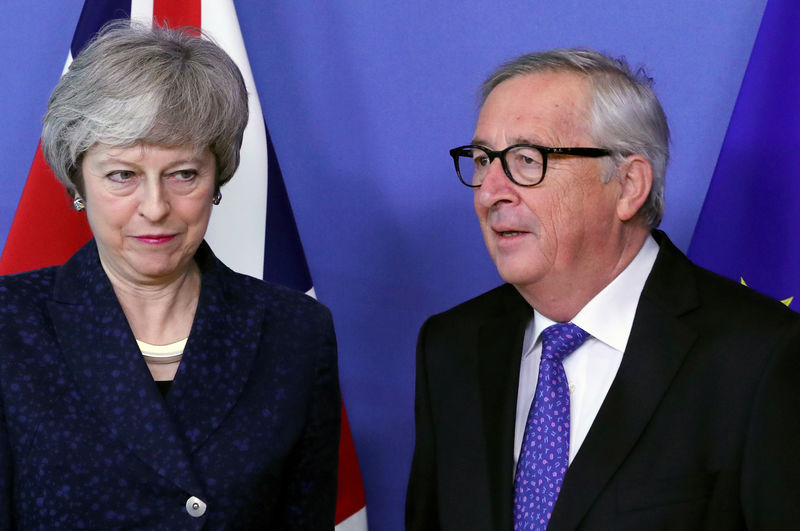 © Reuters. Premiê britânica, Theresa May, e presidente da Comissão Europeia, Jean-Claude Juncker