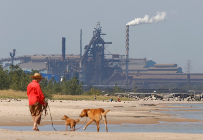 © Reuters. FILE PHOTO: A woman walks her dogs along the lake front at Marquette Park in Gary Indiana