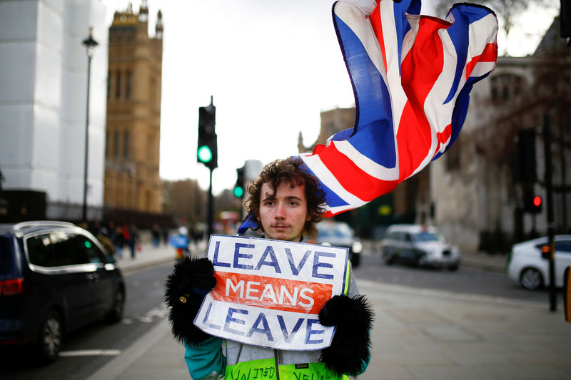 © Reuters. Manifestante pró-Brexit em frente ao Parlamento, em Londres