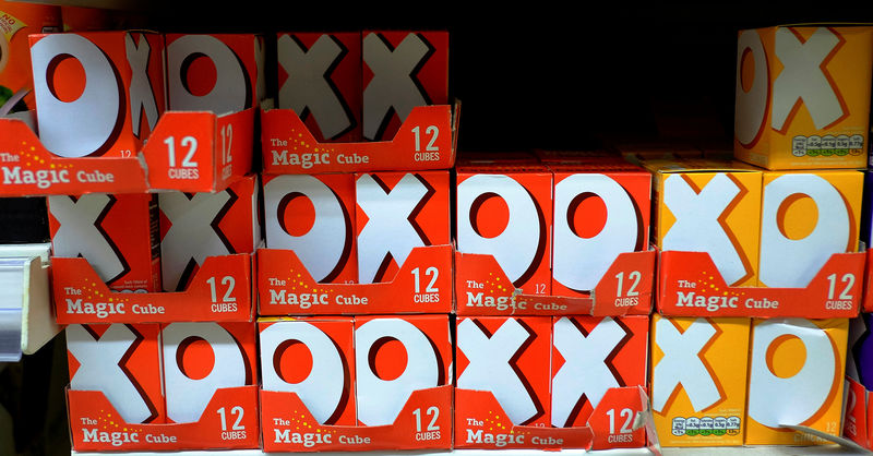 © Reuters. FILE PHOTO: Boxes of OXO stock cubes are seen on the shelf of a supermarket in Manchester