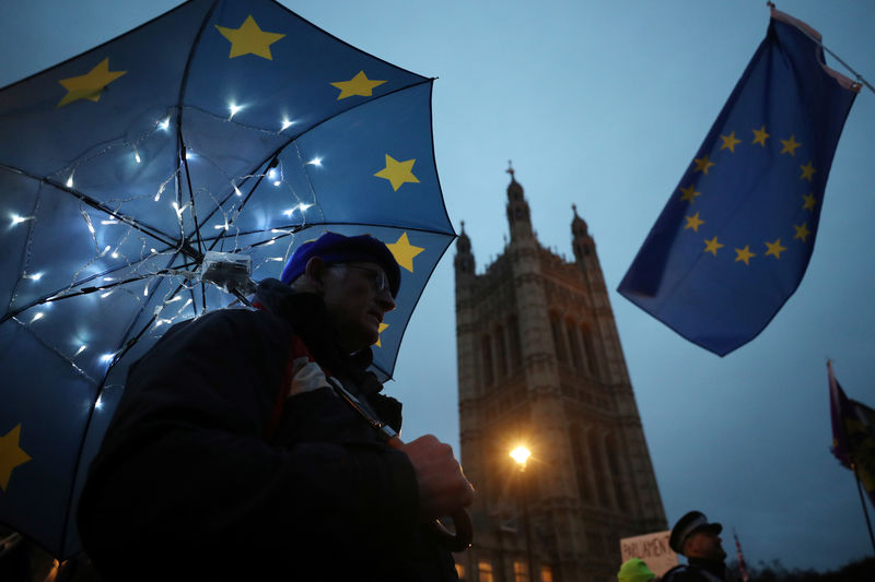 © Reuters. An anti-Brexit protester demonstrates outside the Houses of Parliament, in Westminster, London