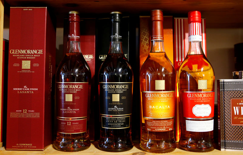 © Reuters. FILE PHOTO: Bottles of single malt scotch whisky Glenmorangie are pictured in a shop near Lausanne