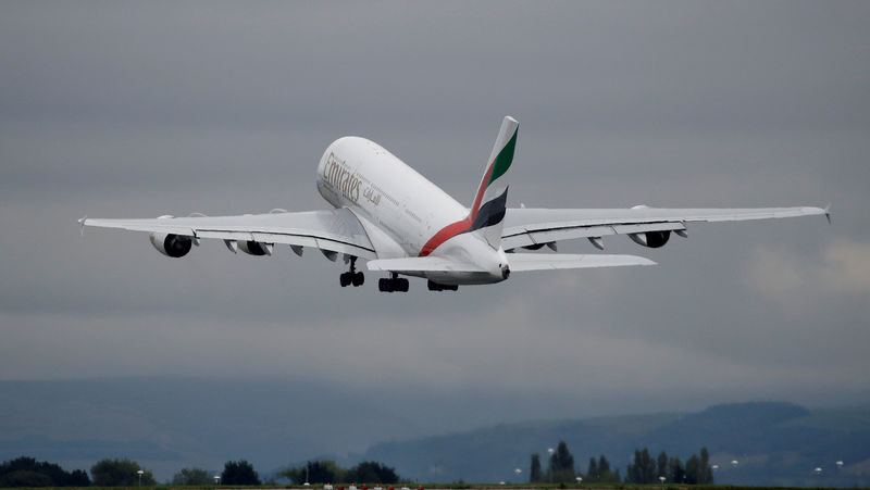 © Reuters. FILE PHOTO: An Emirates Airbus A380-800 aircraft takes off from Manchester Airport