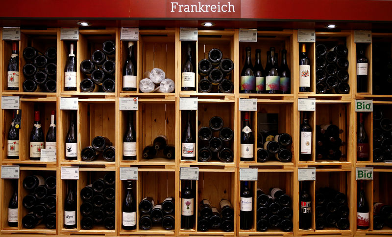 © Reuters. French wines for sales are seen in a wine rack at Moevenpick Weinkeller wine shop in Berlin