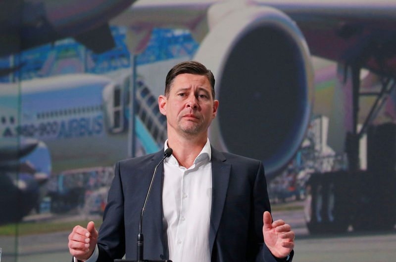 © Reuters. Airbus Chief Financial Officer Harald Wilhelm speaks during Airbus annual press conference on the 2017 financial results in Blagnac near Toulouse