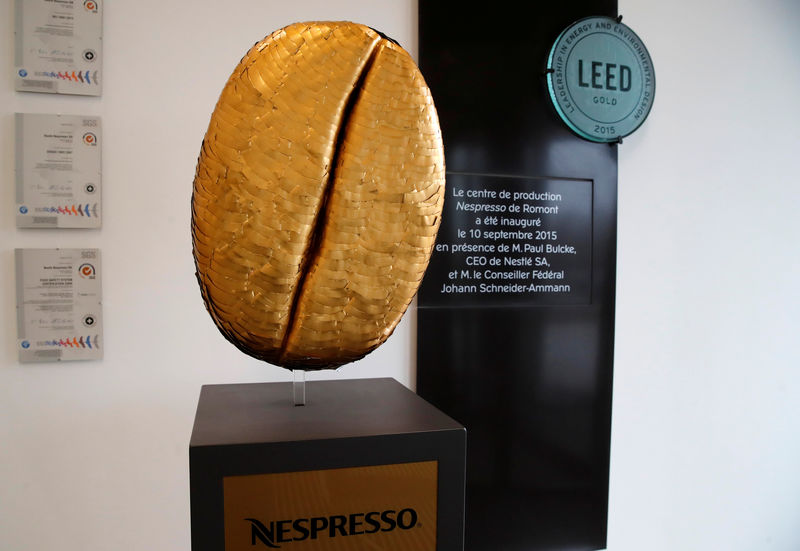 © Reuters. FILE PHOTO: A giant coffee bean is pictured at the Nespresso plant in Romont