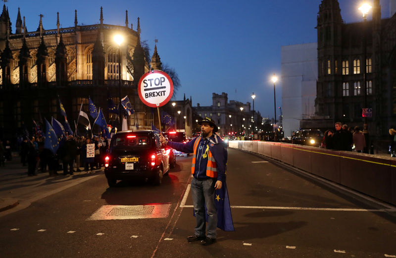 © Reuters. An anti-Brexit demonstrator protests outside the Houses of Parliament, in Westminster, London