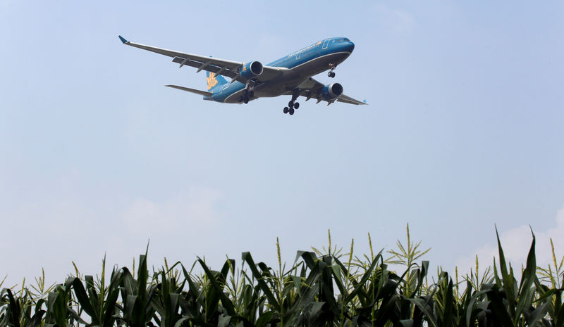 © Reuters. FILE PHOTO: A Vietnam Airlines Airbus A330 plane flies over corn farm while landing at Noi Bai airport in Hanoi
