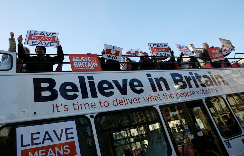 © Reuters. Manifestantes favoráveis ao Brexit protestam do lado de fora do Parlamento em Londres