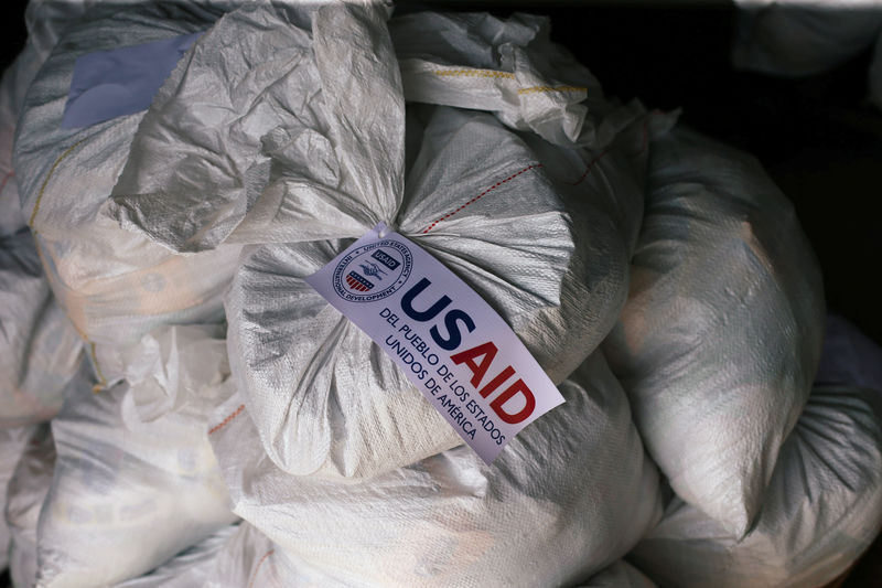 © Reuters. Sacks containing humanitarian aid are pictured at a warehouse near the Tienditas cross-border bridge between Colombia and Venezuela in Cucuta