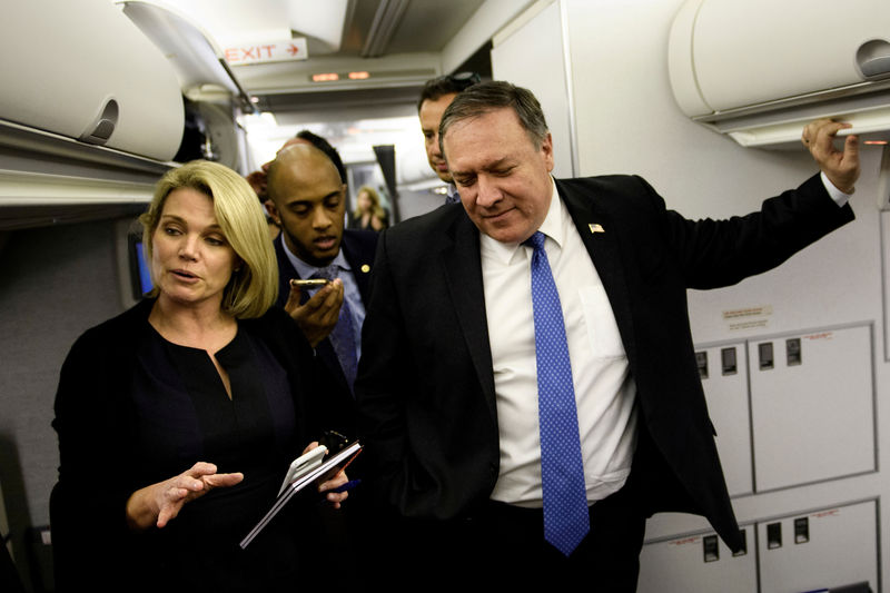 © Reuters. FILE PHOTO: Spokesperson Heather Nauert while US Secretary of State Mike Pompeo dialogues with reporters in his plane while flying from Panama to Mexico