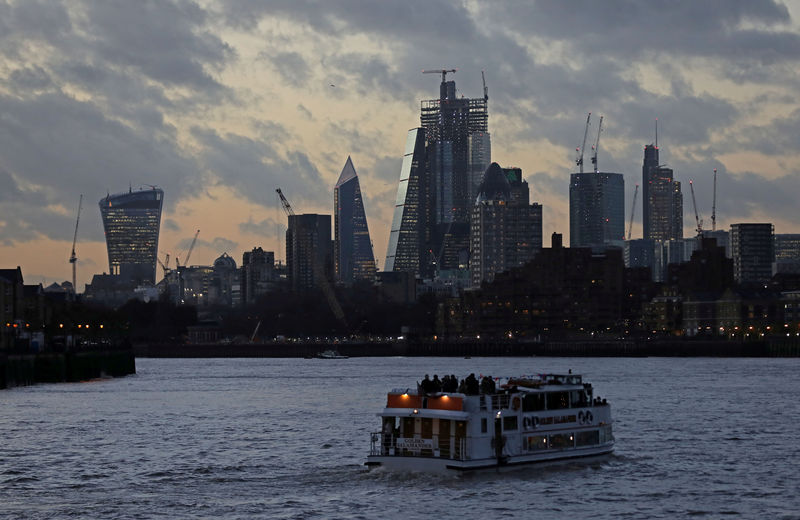 © Reuters. FILE PHOTO: A river boat cruises down the River Thames as the sun sets behind the Canary Wharf financial district of London