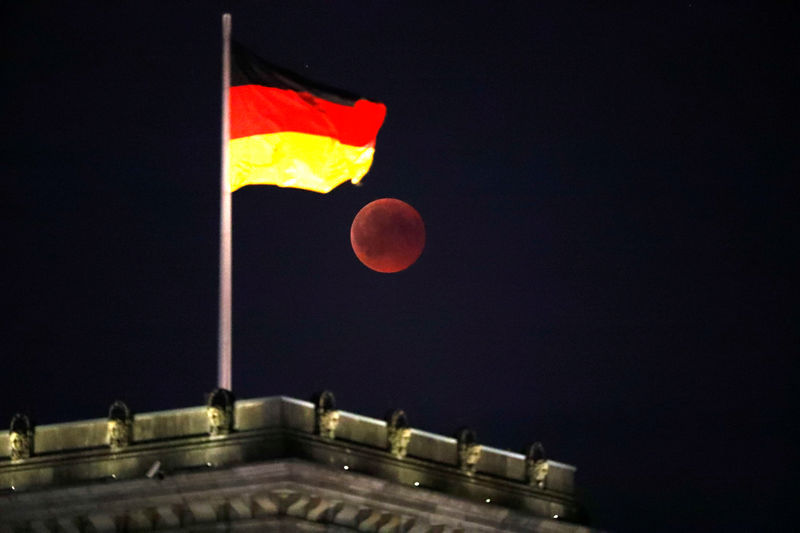 © Reuters. The moon is seen during a lunar eclipse next to the German national flag on top of the Reichstag building in Berlin