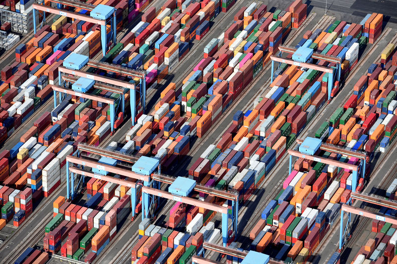 © Reuters. Aerial view of containers at a loading terminal in the port of Hamburg