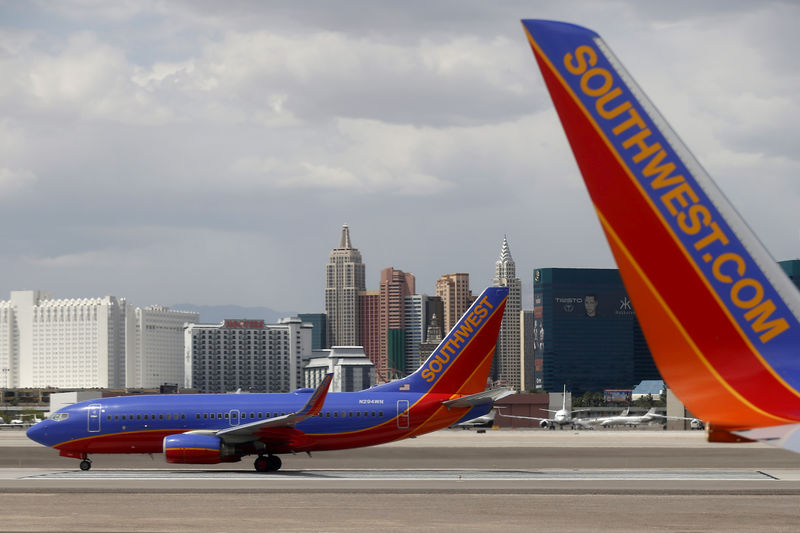 © Reuters. FILE PHOTO: Southwest Airlines planes are seen in front of the Las Vegas strip