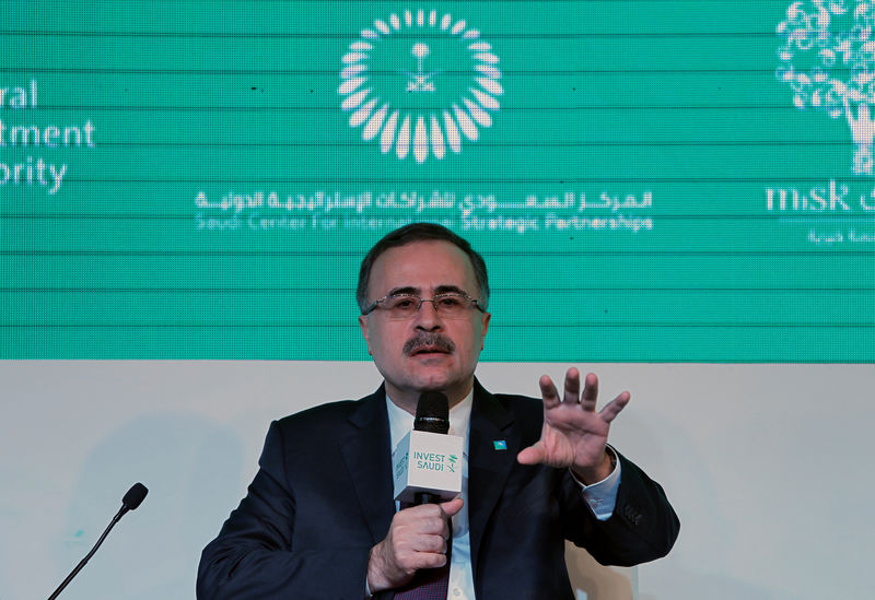 © Reuters. Saudi Aramco CEO Amin Nasser speaks during the Saudi-India Forum in New Delhi