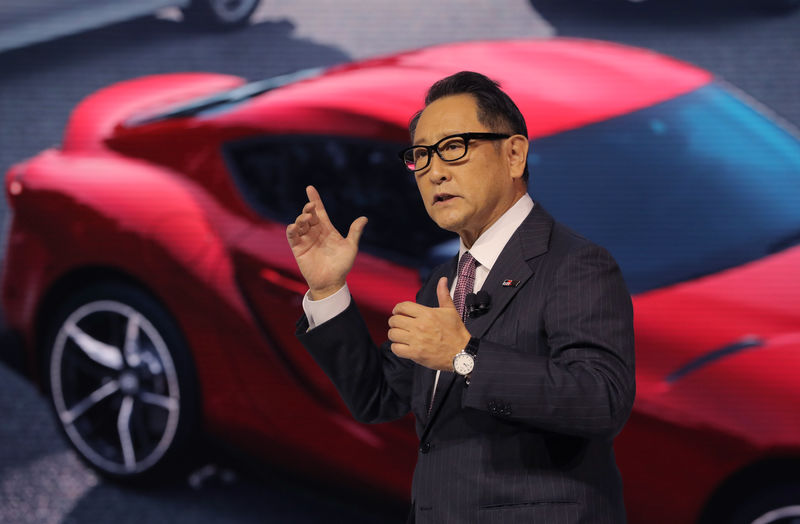 © Reuters. FILE PHOTO: Toyota's Toyoda speaks at the North American International Auto Show in Detroit, Michigan