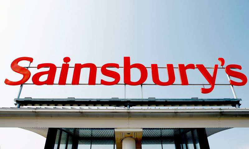 © Reuters. FILE PHOTO: A Sainsbury store sign in south London.