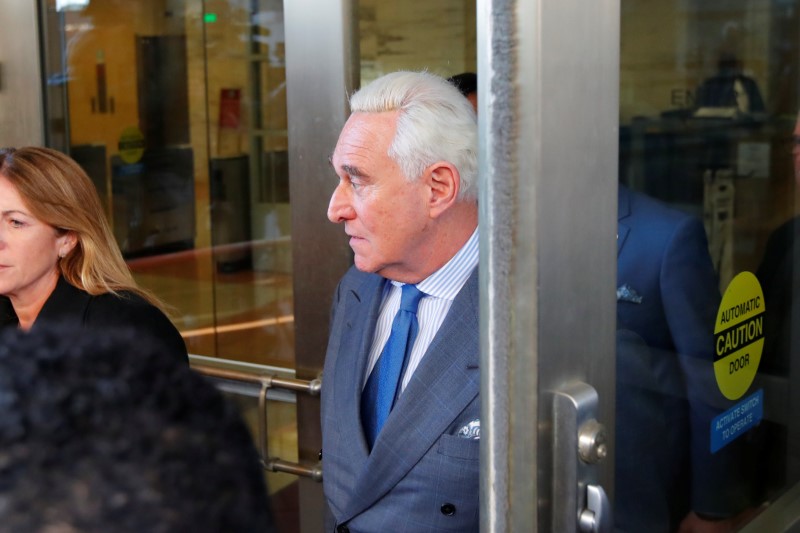 © Reuters. Former Trump adviser Roger Stone departs after hearing at U.S. District Court in Washington