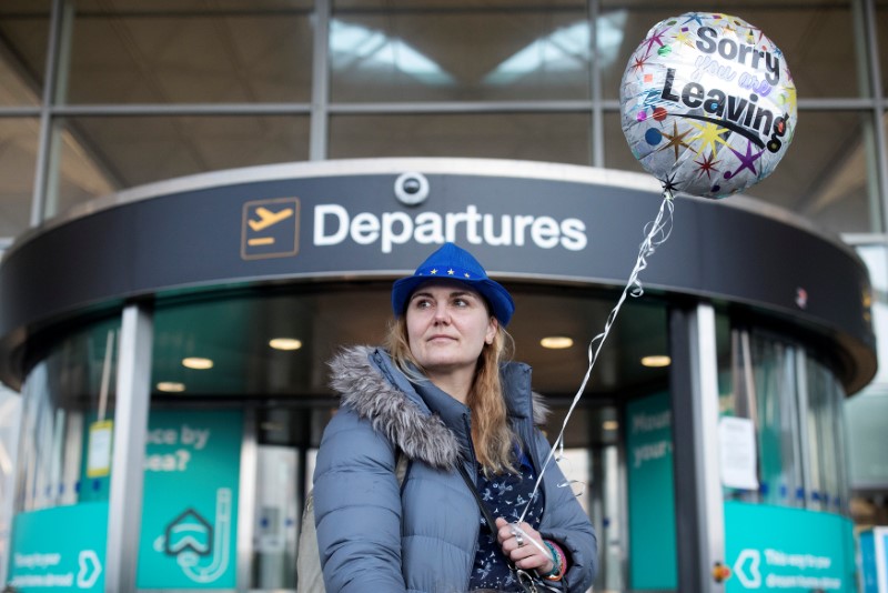 © Reuters. Sonja Morgenstern poses for a photograph outside the departure entrance at Stansted Airport, London