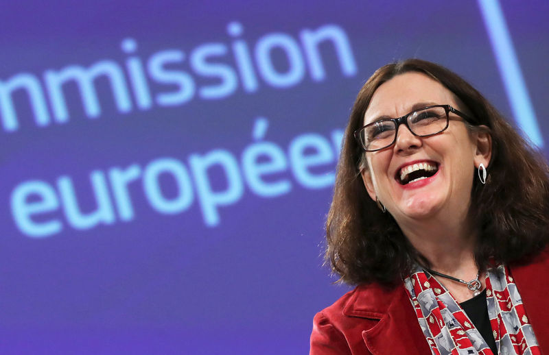 © Reuters. EU Trade Commissioner Malmstroem holds a news conference about EU-U.S. trade relations in Brussels