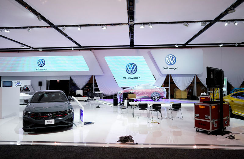 © Reuters. The Volkswagen show floor is seen under setup at the Canadian International AutoShow in Toronto