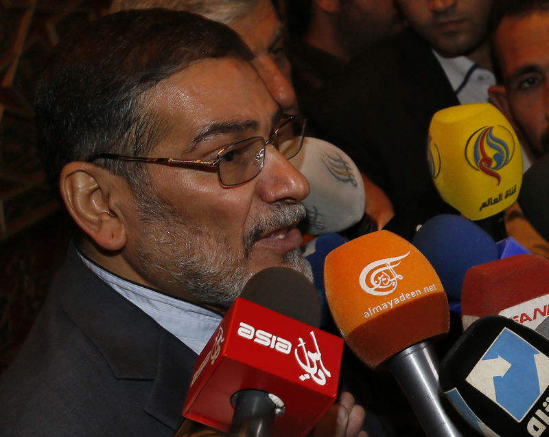 © Reuters. FILE PHOTO - Admiral Ali Shamkhani, Iran?s Supreme National Security Council Director, speaks to the media after his arrival at Damascus airport