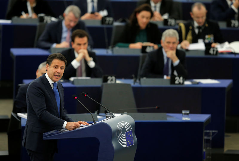 © Reuters. Italy's Prime Minister Conte addresses the European Parliament during a debate on the future of Europe in Strasbourg