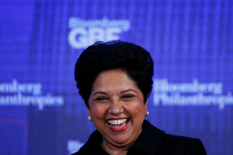 © Reuters. FILE PHOTO - CEO of PepsiCo Indra Nooyi speaks at the Bloomberg Global Business Forum in New York