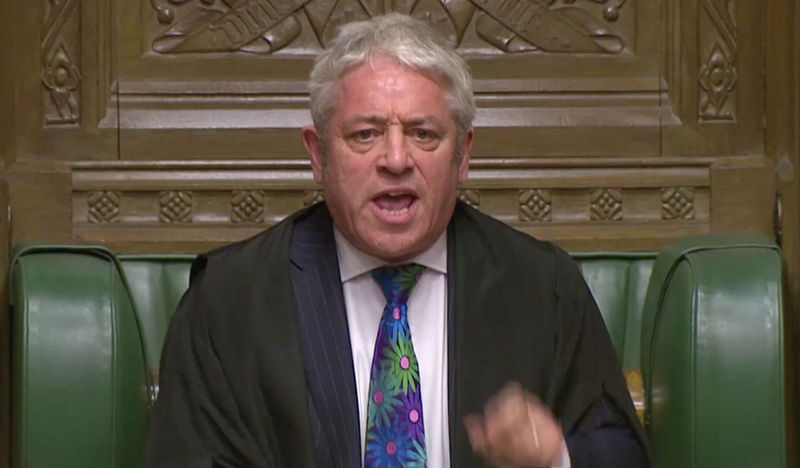 © Reuters. Speaker of the House John Bercow speaks during a confidence vote debate after Parliament rejected Prime Minister Theresa May's Brexit deal, in London