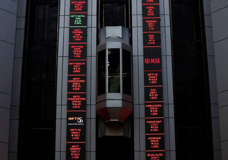 © Reuters. An elevator travels next to electronic boards displaying stock figures at the National Stock Exchange (NSE) building in Mumbai