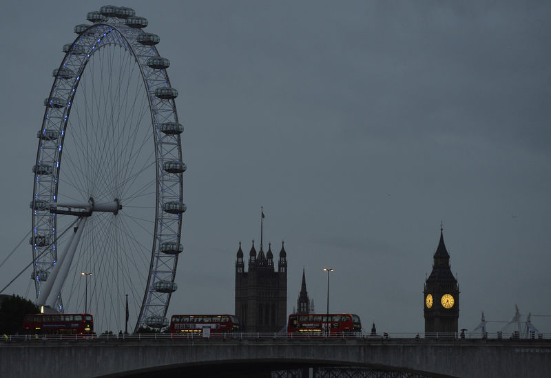 © Reuters. FILE PHOTO:  The London Eye is seen near the Houses of Parliament at dawn in central London