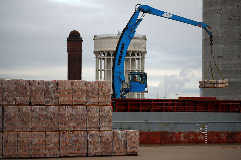 © Reuters. FILE PHOTO: A dock worker uses a crane to unload a ship in Associated British Ports facility in Goole