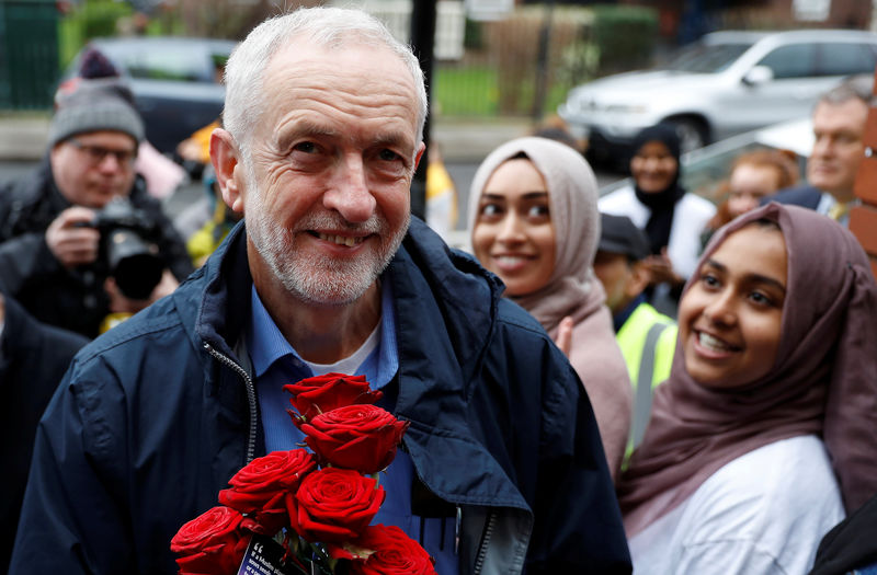 © Reuters. Britain's opposition Labour Party leader, Jeremy Corbyn, is greeted by young women and red roses during a visit to Finsbury Park Mosque, on Visit My Mosque day, in London