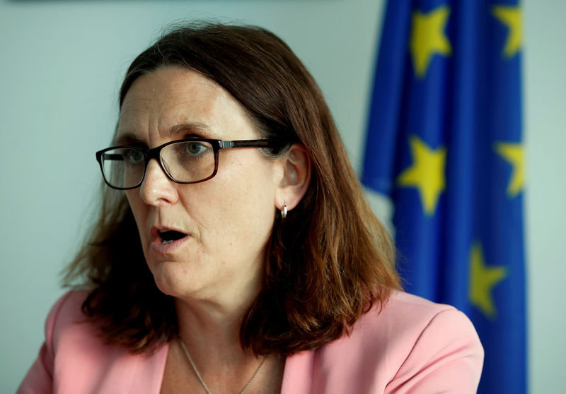 © Reuters. EU Trade Commissioner Malmstrom attends an interview with Reuters in Geneva