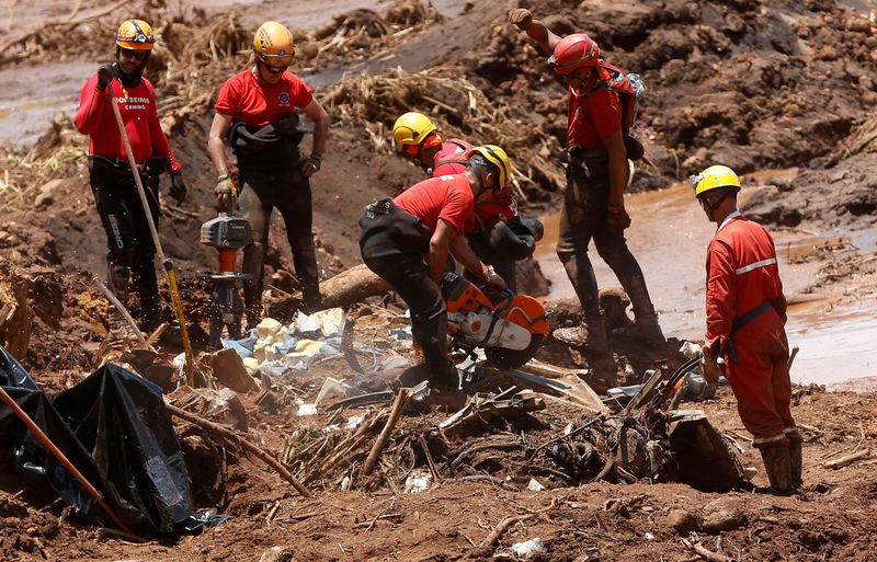 © Reuters. FILE PHOTO: Members of a rescue team search for victims after a tailings dam owned by Brazilian mining company Vale SA collapsed, in Brumadinho