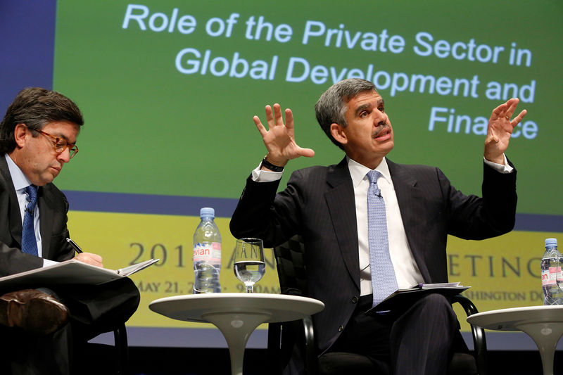 © Reuters. FILE PHOTO: Moreno and El-Erian discuss the role of the private sector in global development during the Bretton Woods Committee annual meeting at World Bank headquarters in Washington