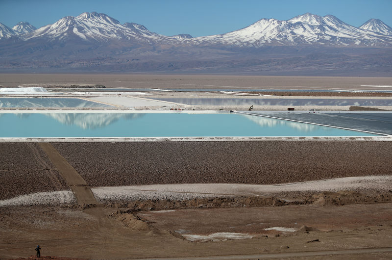 © Reuters. FILE PHOTO: Brine pools from a lithium mine, that belongs U.S.-based Albemarle Corp, are seen on the Atacama salt flat in the Atacama desert