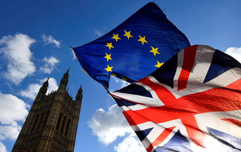©路透社。 文件照片：伦敦议会大厦外的英国和欧盟旗帜飘扬