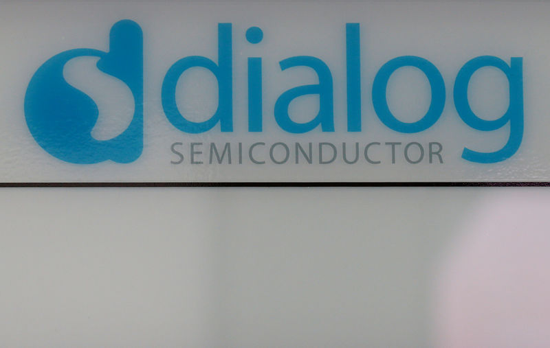 © Reuters. Dialog semiconductor logo is pictured at company building in Germering
